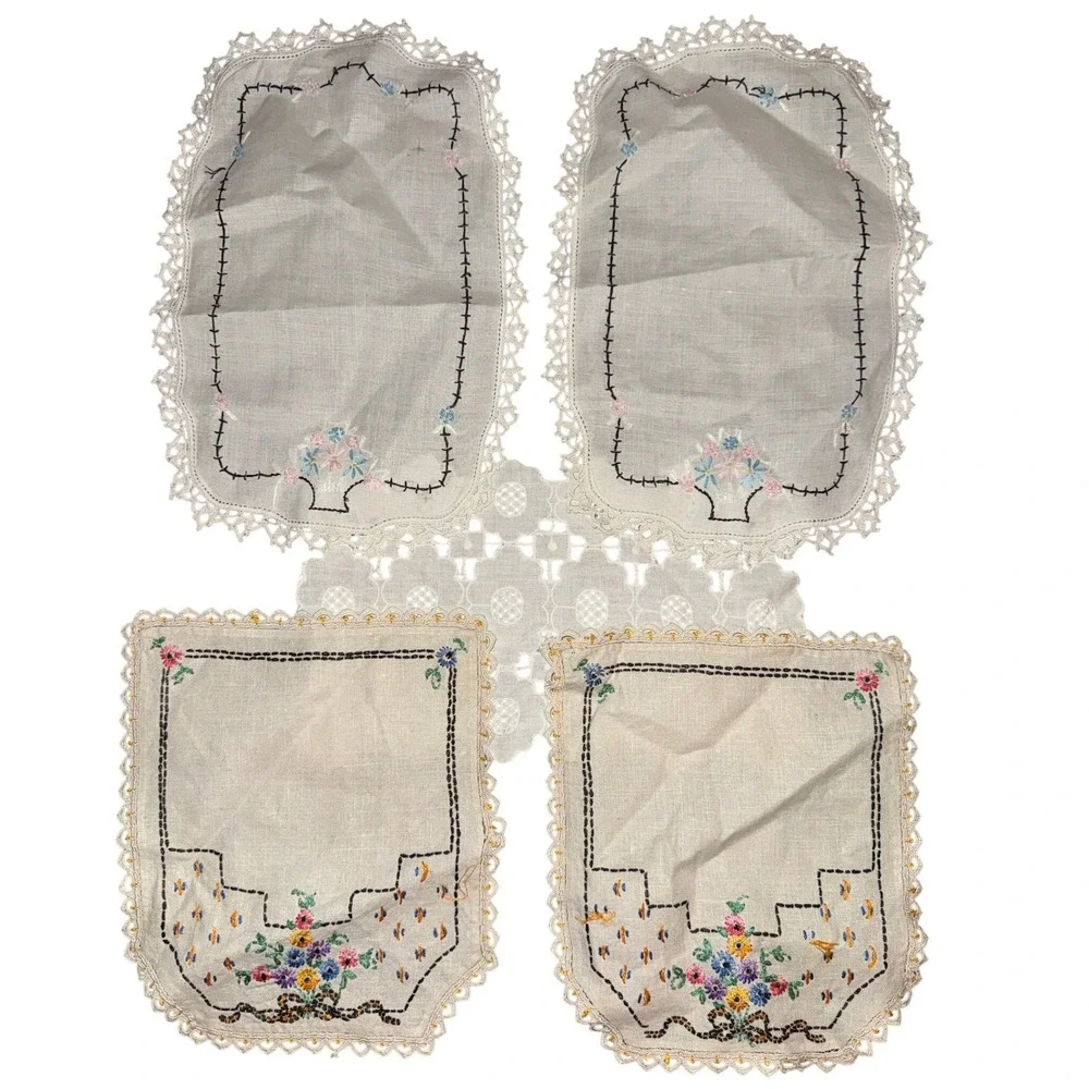 Vintage Lot 5 Hand Embroidered Table Linens Doilies Floral Needlework Lace